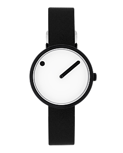 30 mm / White dial / Black leather strap