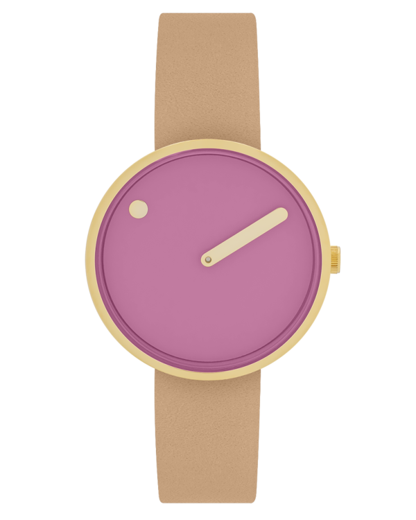 Picto 34mm, pink urskive, cirkulær børstet guldramme, peruviansk brun læderrem 