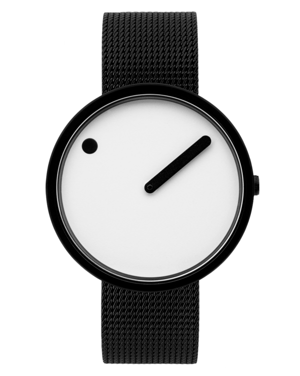 Picto 34mm, white dial, matt black case, matt black mesh band