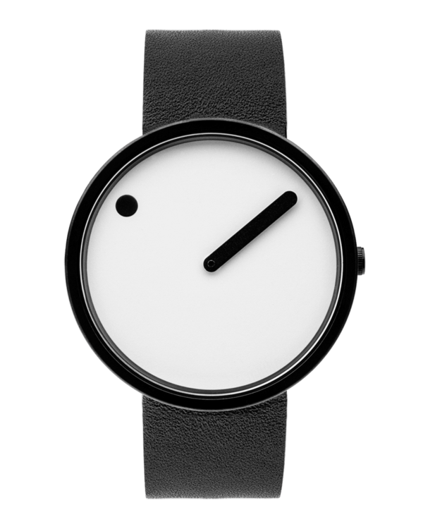 Picto 34mm, white dial, matt black case, black leather strap